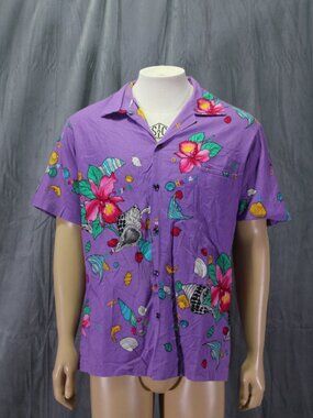 Vintage Hawaiian Shirt - Purple with Floral Pattern Hilo Hattie - Men's Large